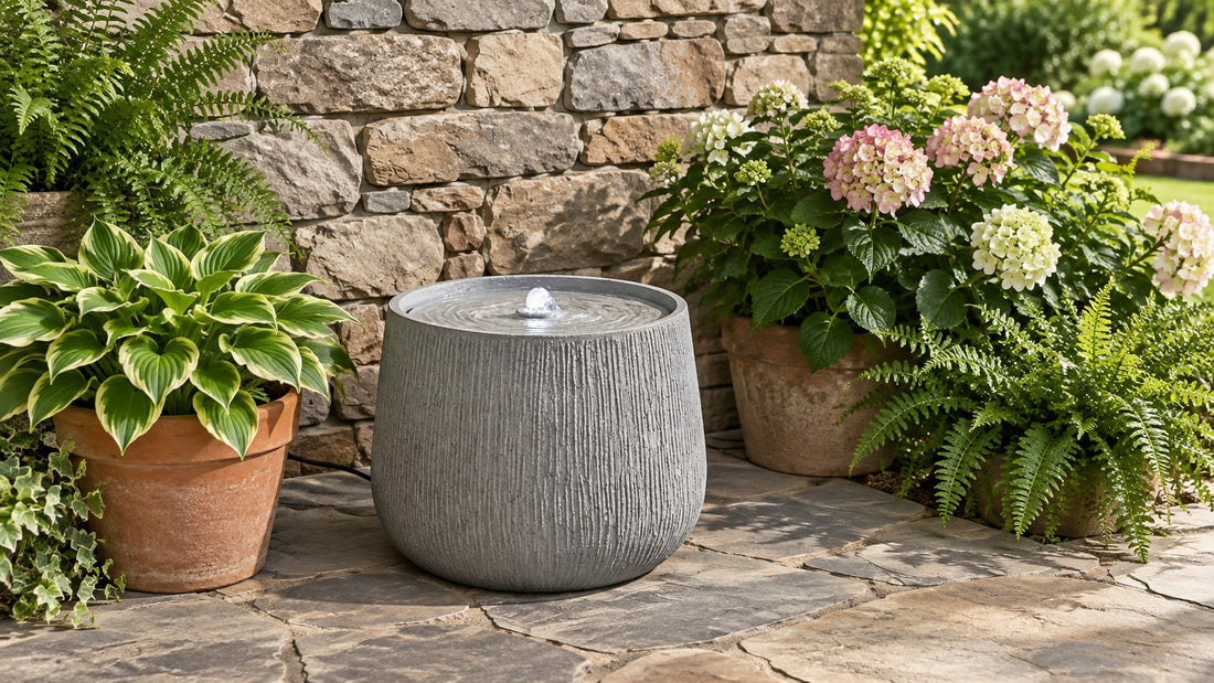 Low ribbed drum fountain bubbling on a flagstone patio beside potted hostas and hydrangeas