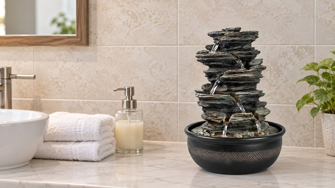 Tall stacked slate tabletop fountain on a bathroom counter beside folded white towels and a soap pump
