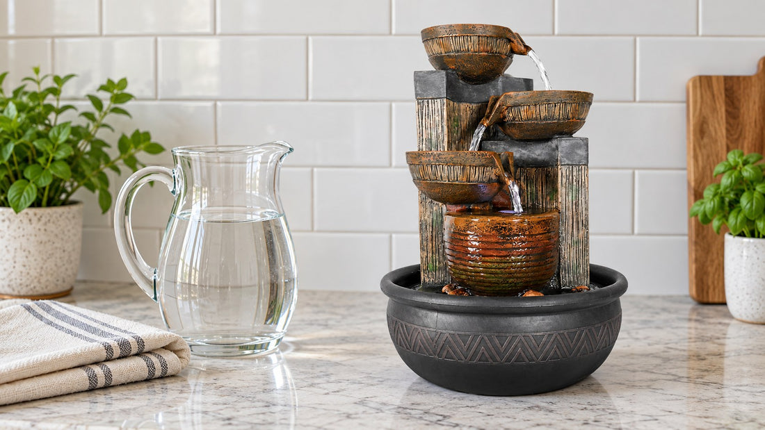Copper ribbed bowl tabletop fountain on a kitchen counter beside a clear glass water pitcher