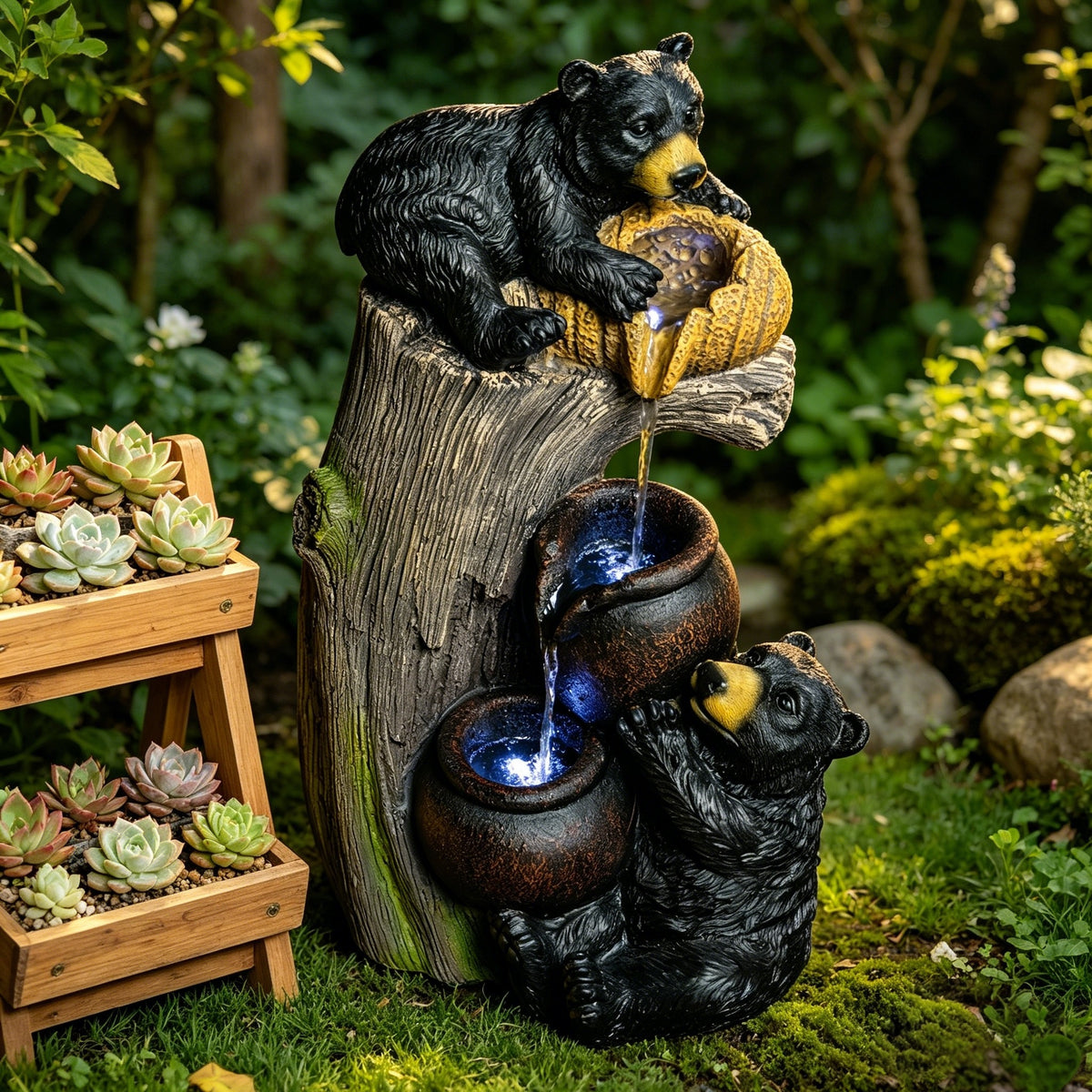 Resin Black Bear Outdoor Water Fountain with LED Lights product view