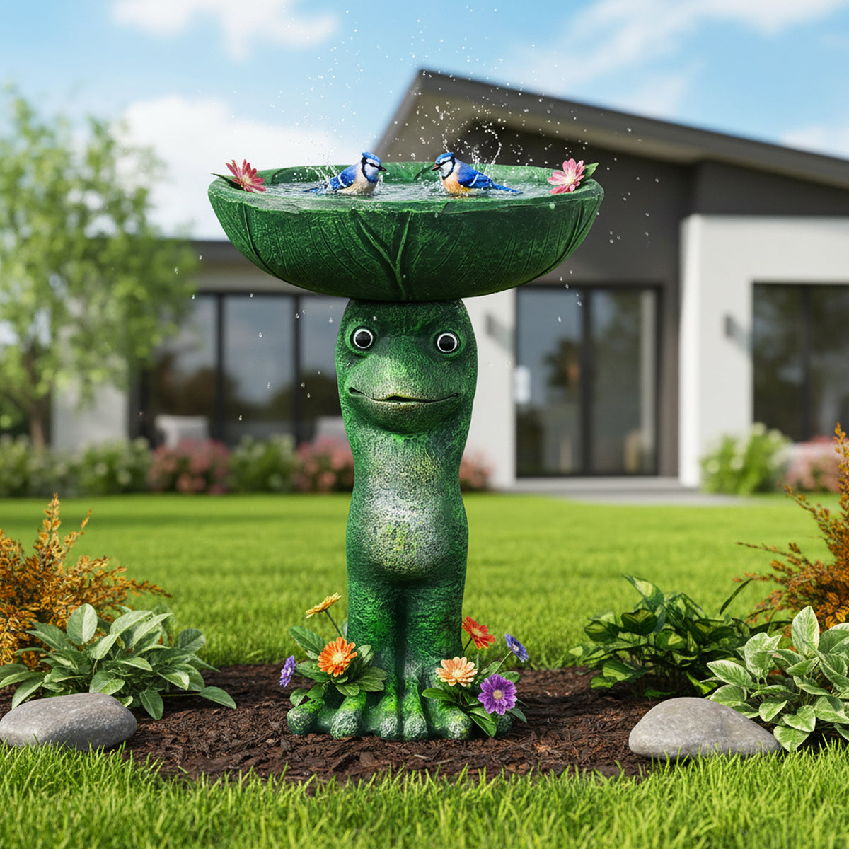 25-inch tall concrete frog bird bath with a lily pad basin in a garden