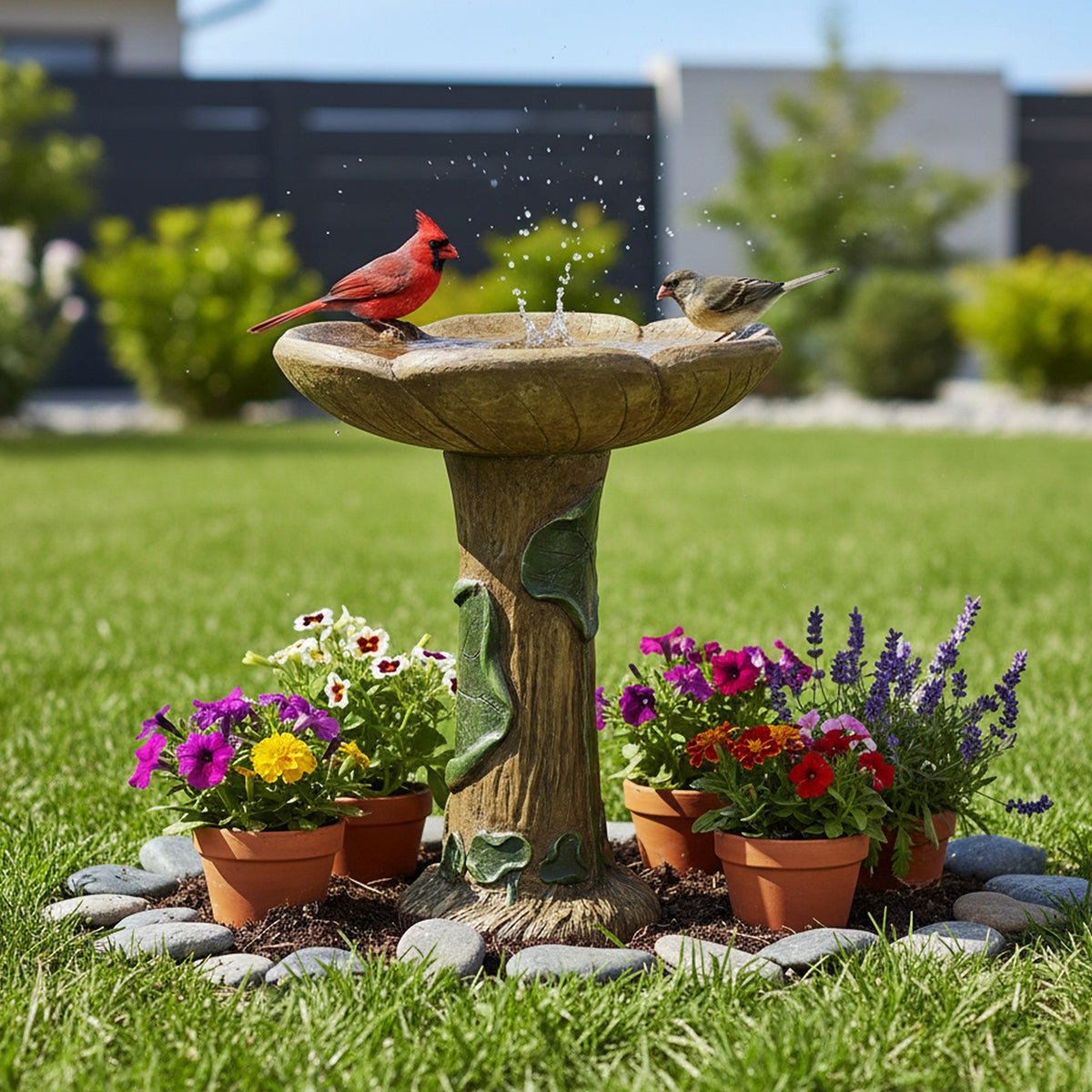 24"H garden bird bath with green vines acting as a charming focal point on a manicured lawn.