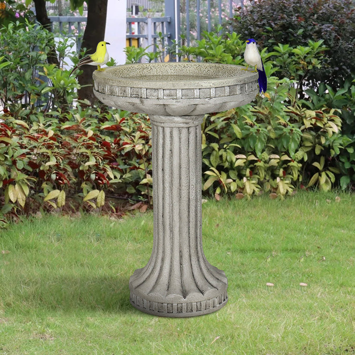 24" tall compact round concrete birdbath fitting perfectly in a small garden