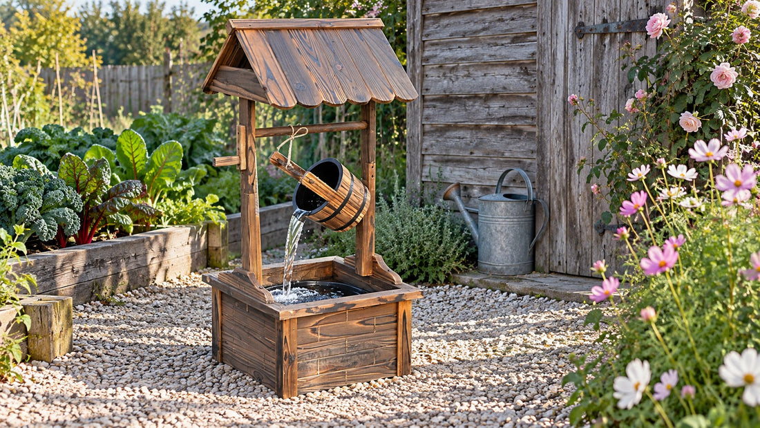 Carbonized wood wishing well fountain pouring from a hanging bucket, on gravel beside raised vegetable beds