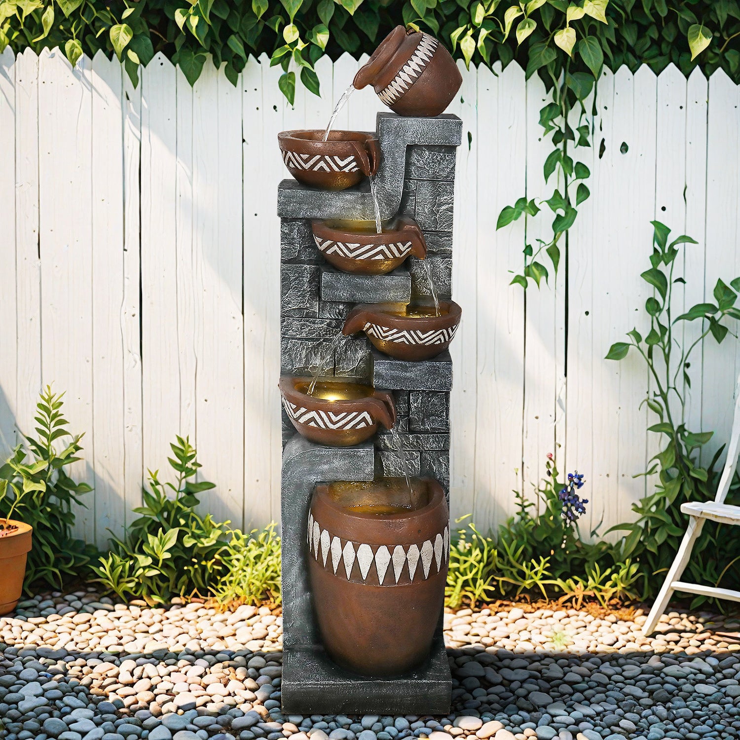 Resin Bohemian 6 Tier Tall Outdoor Water Fountain LED lit at night