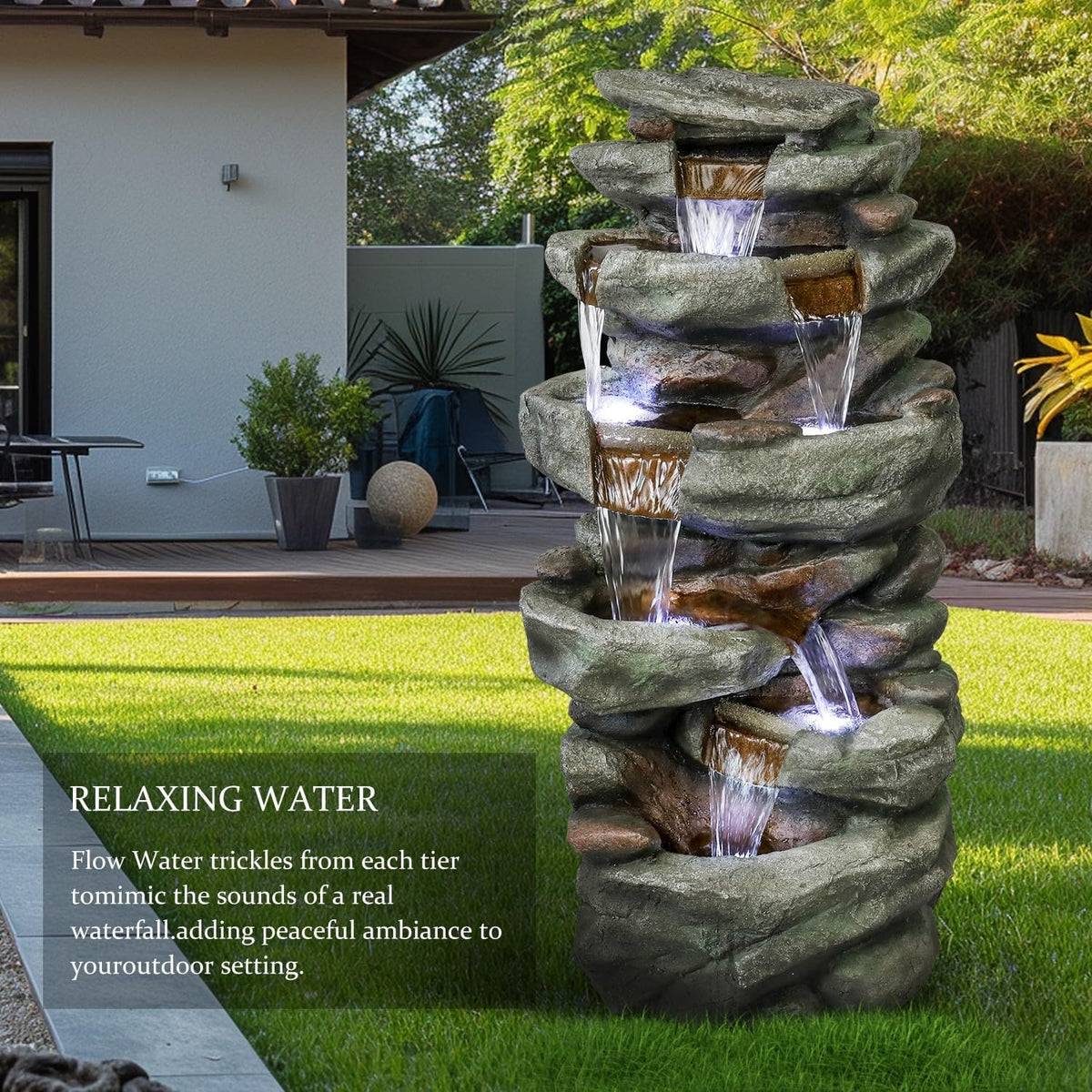 Resin Overhanging Ledge Rock Waterfall Fountain Outdoor LED lit at night