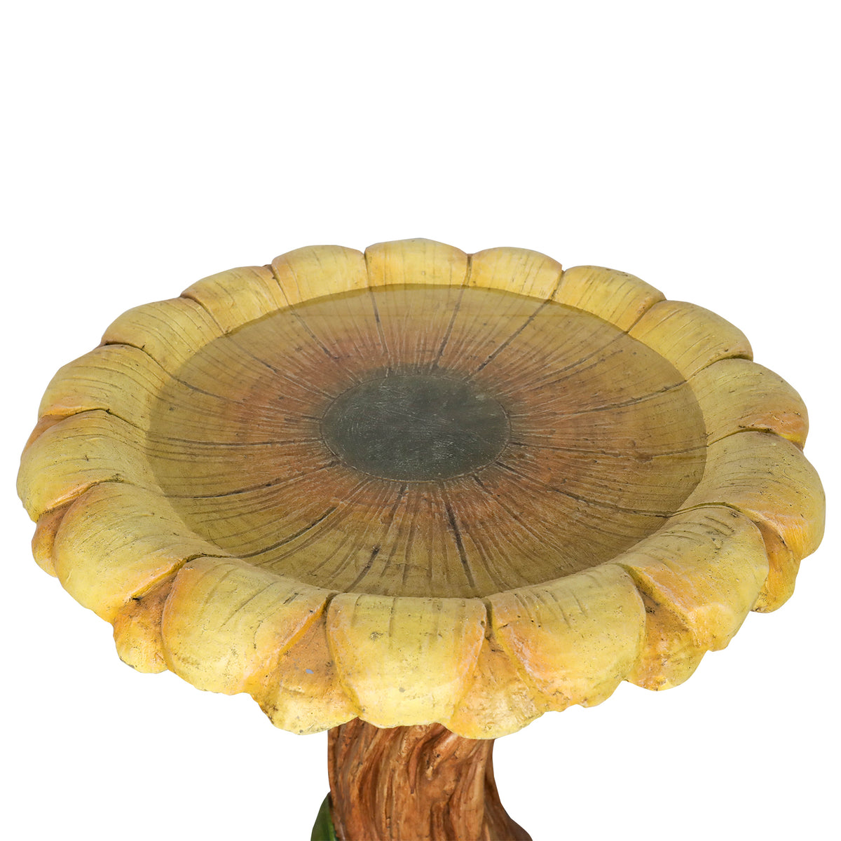 Close-up of the intricately textured sunflower-shaped water bowl designed for bird bathing