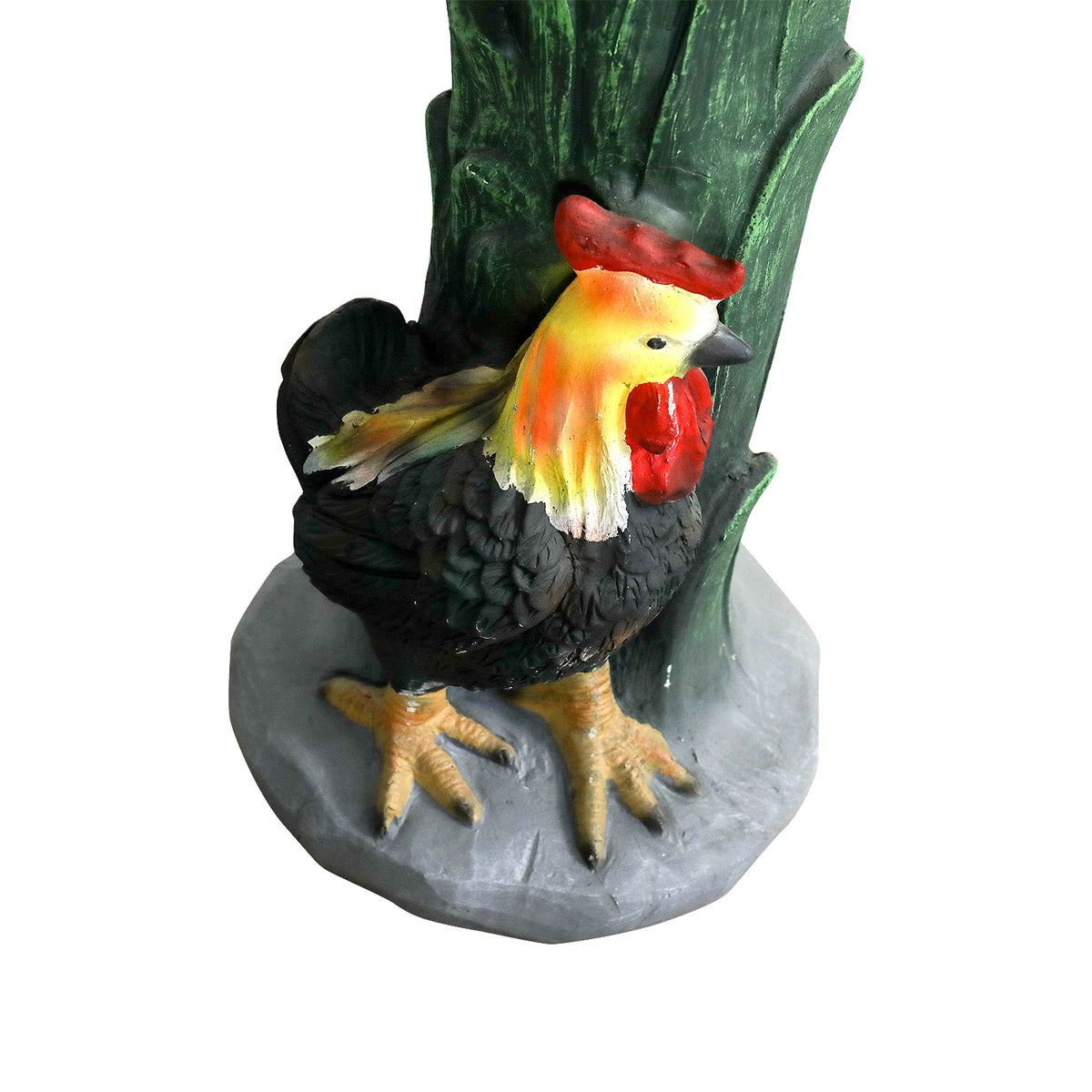 Detailed close-up of the rustic painted rooster statue standing at the base of the bird bath.