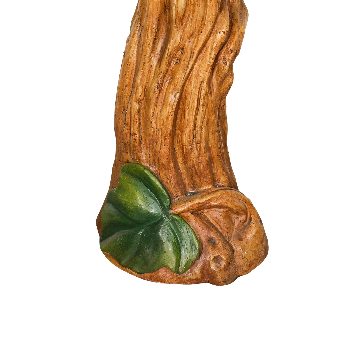 Detailed shot of the faux wooden stake pedestal adorned with vibrant green leaves