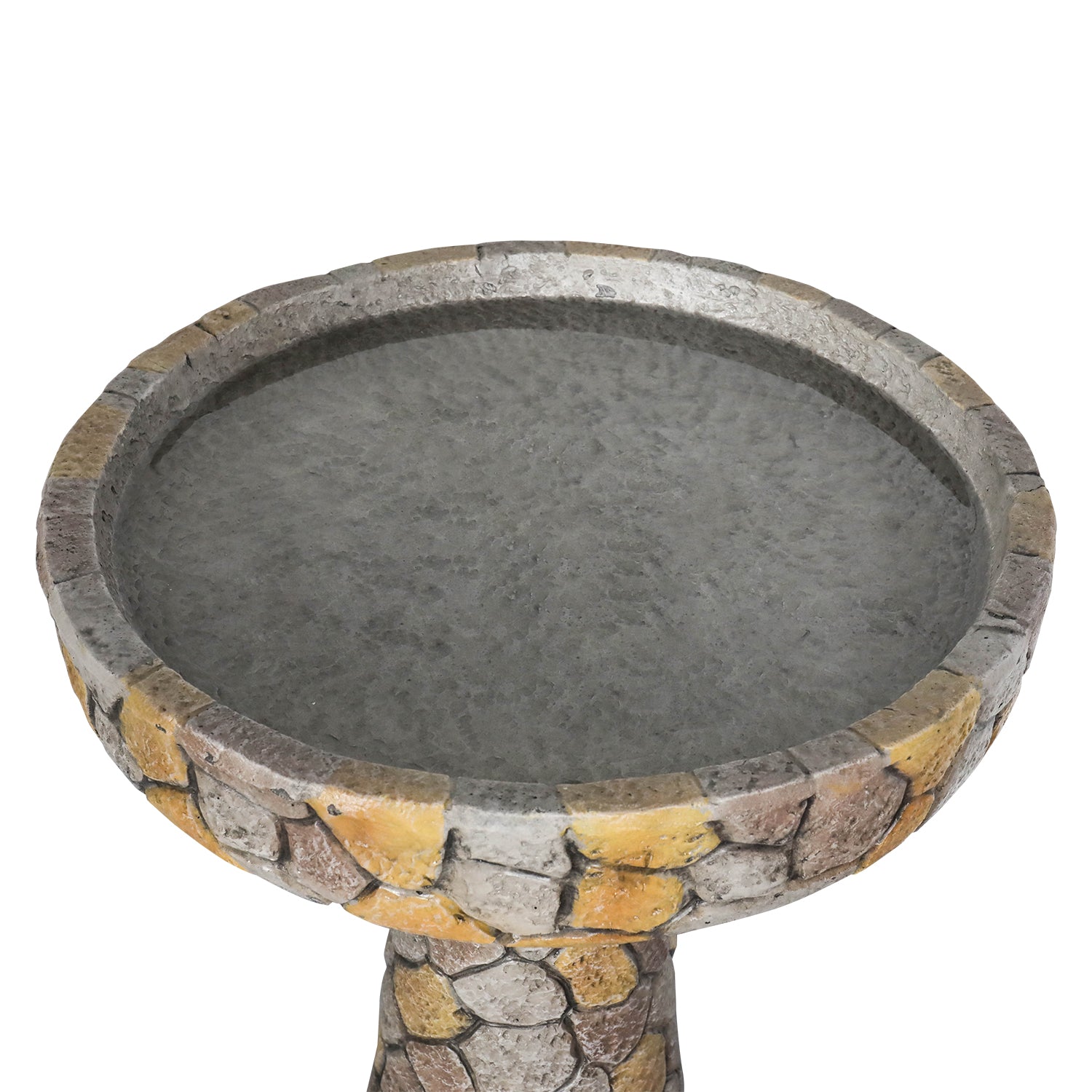 Detailed view of the 18.8" mosaic stone birdbath basin and water