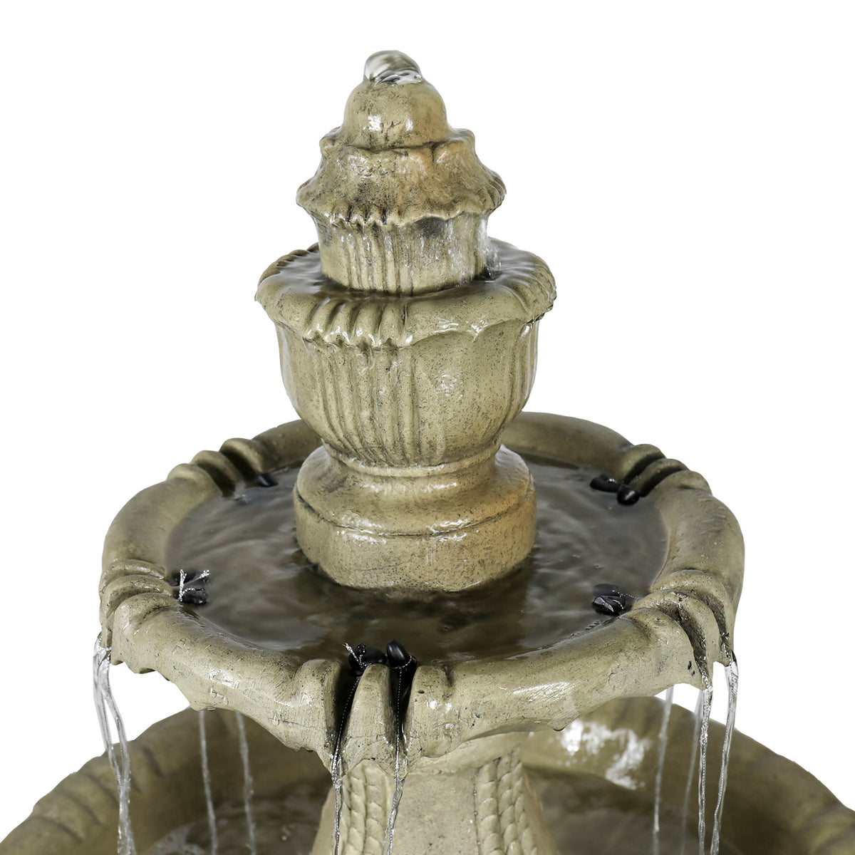 Concrete Water Fountain Pedestal Scalloped 3 Tier close up of water flow