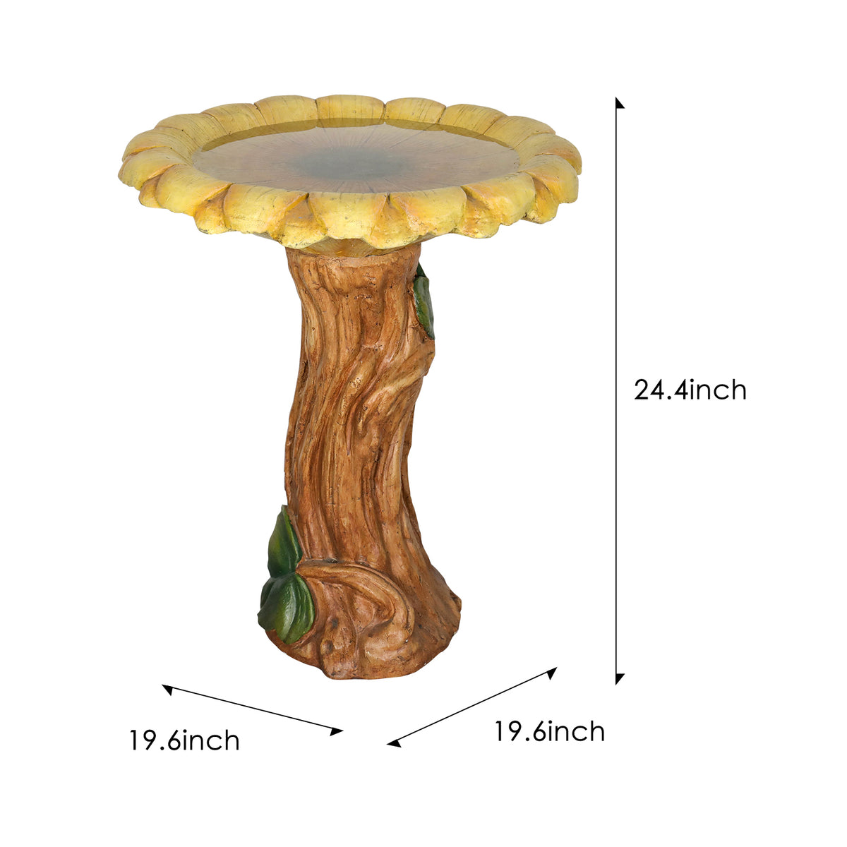 Dimensions and size chart for the 19.6" diameter x 24.4" H sunflower bird bath