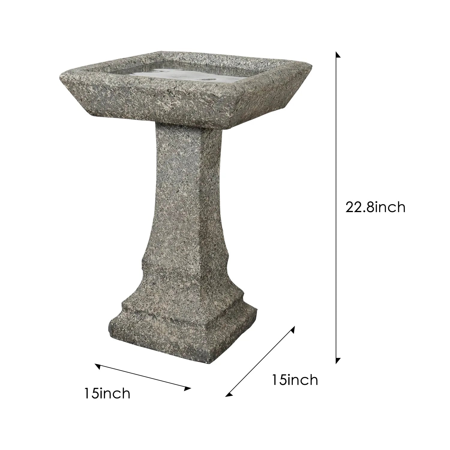 Dimensions and size chart for the modern square bowl birdbath