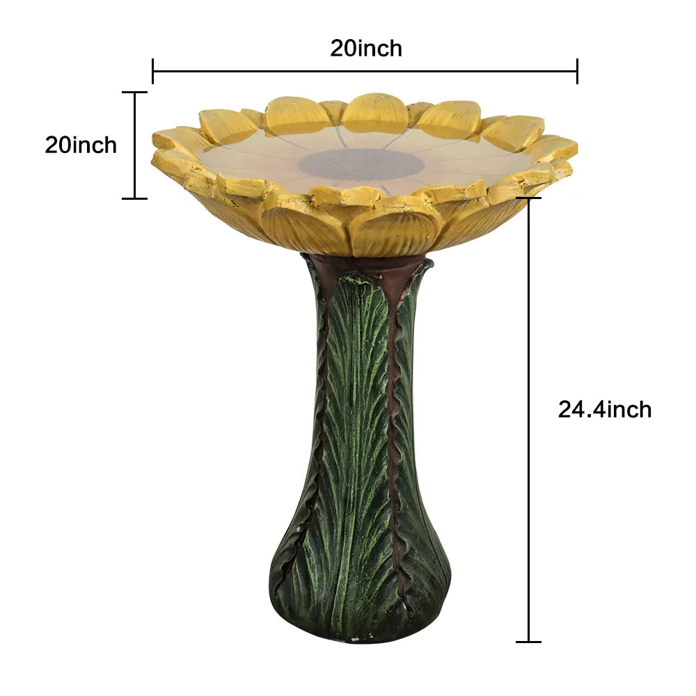 Dimensions and size chart for the sunflower shaped garden birdbath