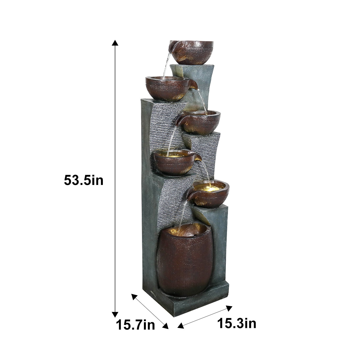 Resin 6 Tier Outdoor Water Fountain Pottery Bowls 53 in on patio