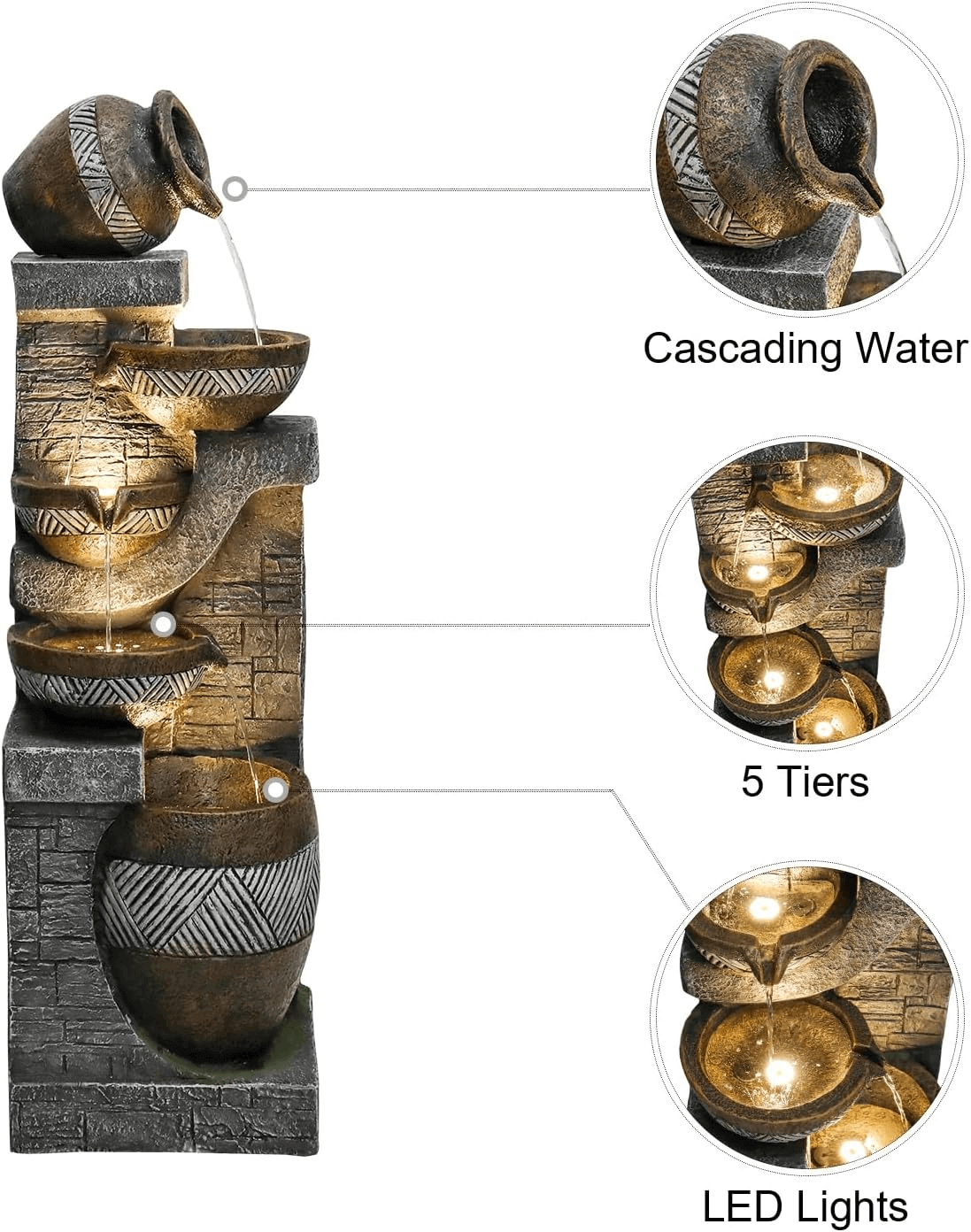 Resin Carved Clay Urn Outdoor Water Fountain 42 Inch on patio