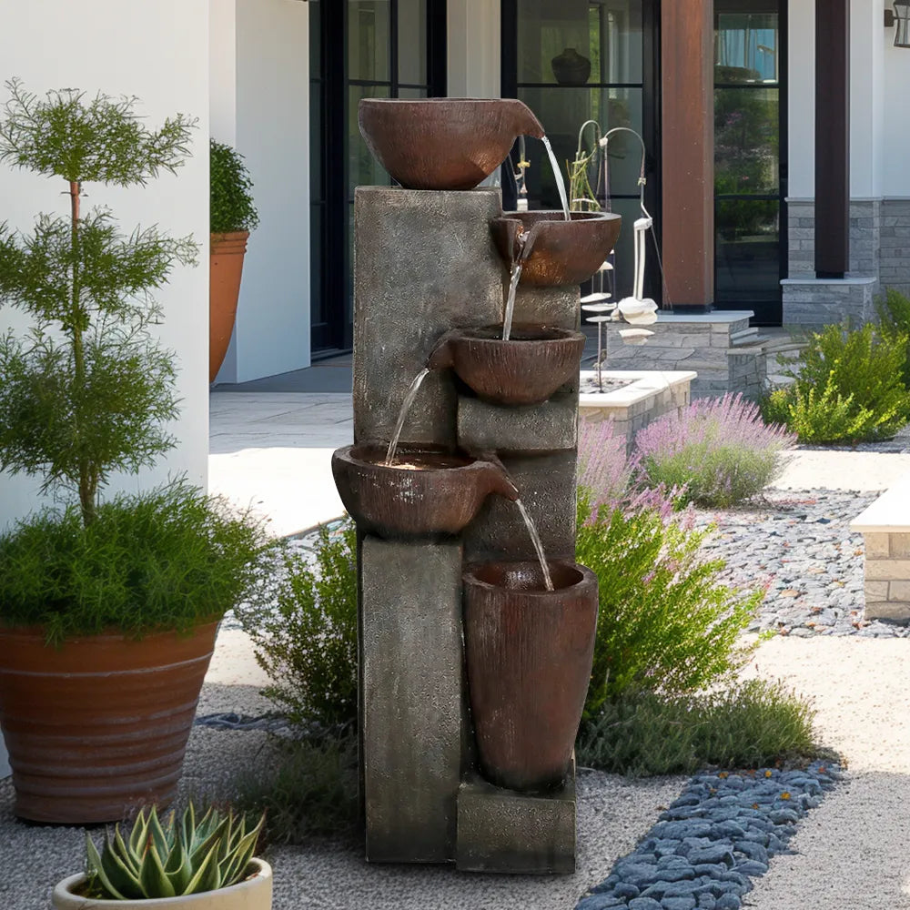 Resin Diagonal Cascading Floor Fountain Outdoor 40 in LED lit at night