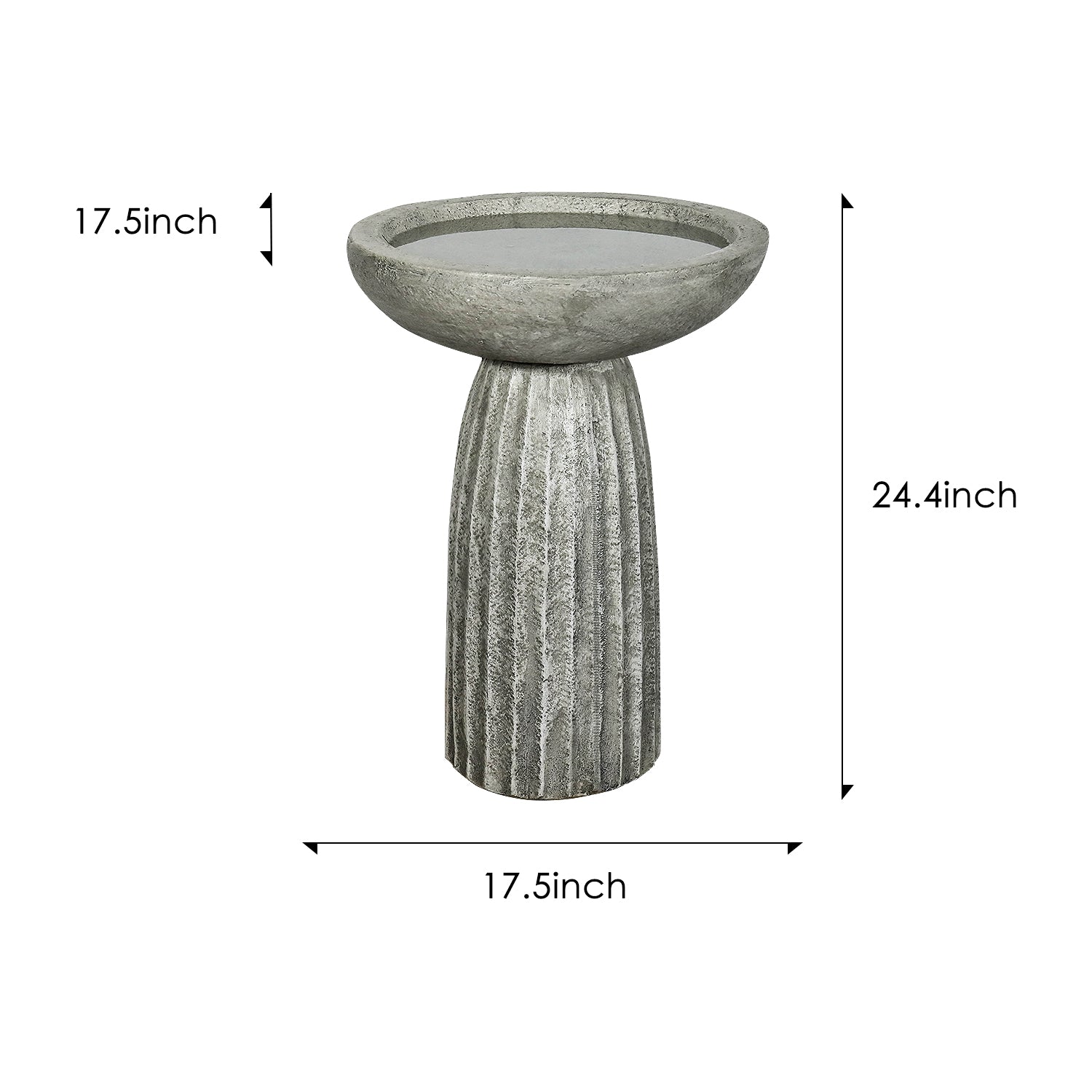 Fluted concrete bird bath dimensions showing 24.4 inch height and 17.5 inch basin width