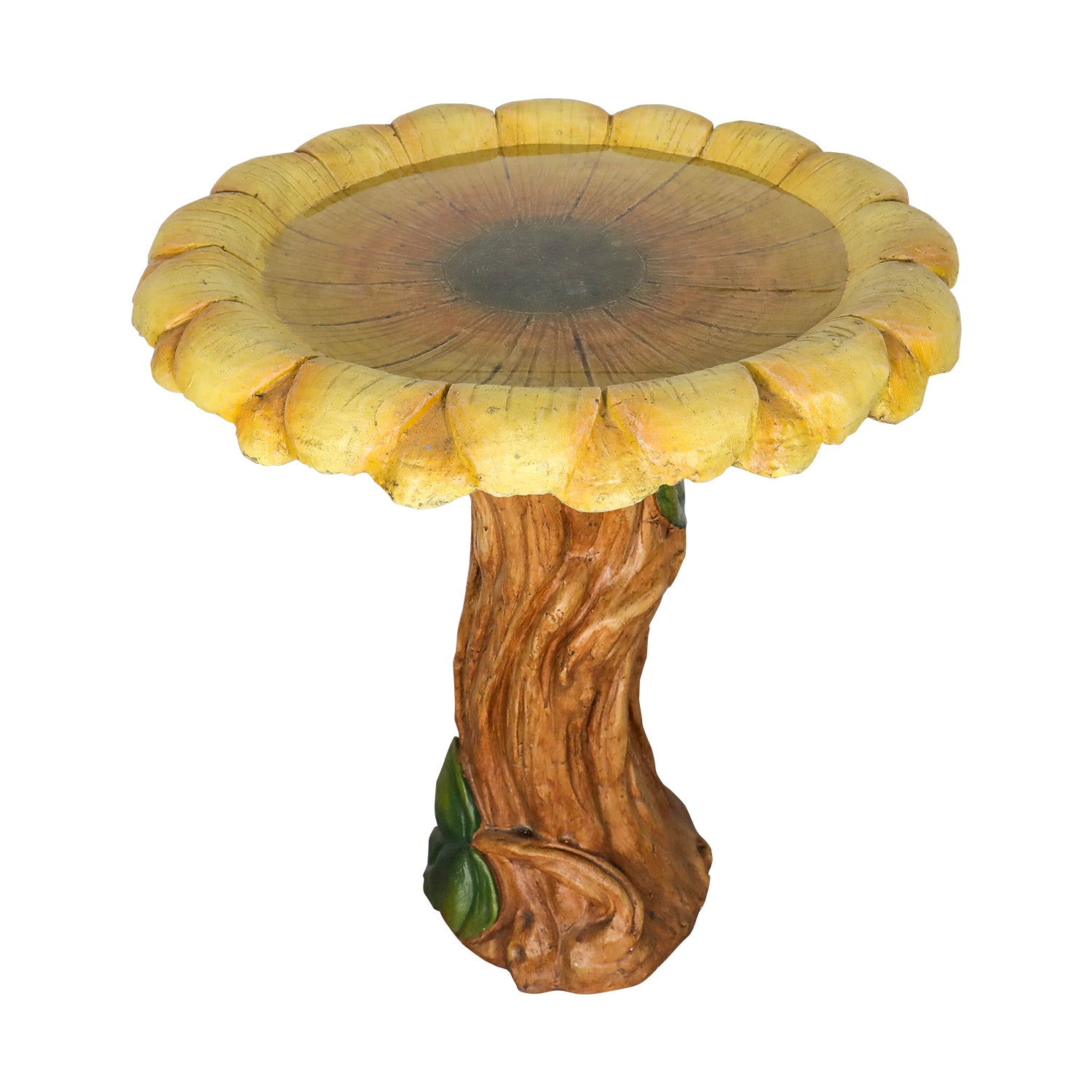 Front view of the 24.4" concrete sunflower bird bath with faux wood pedestal on white