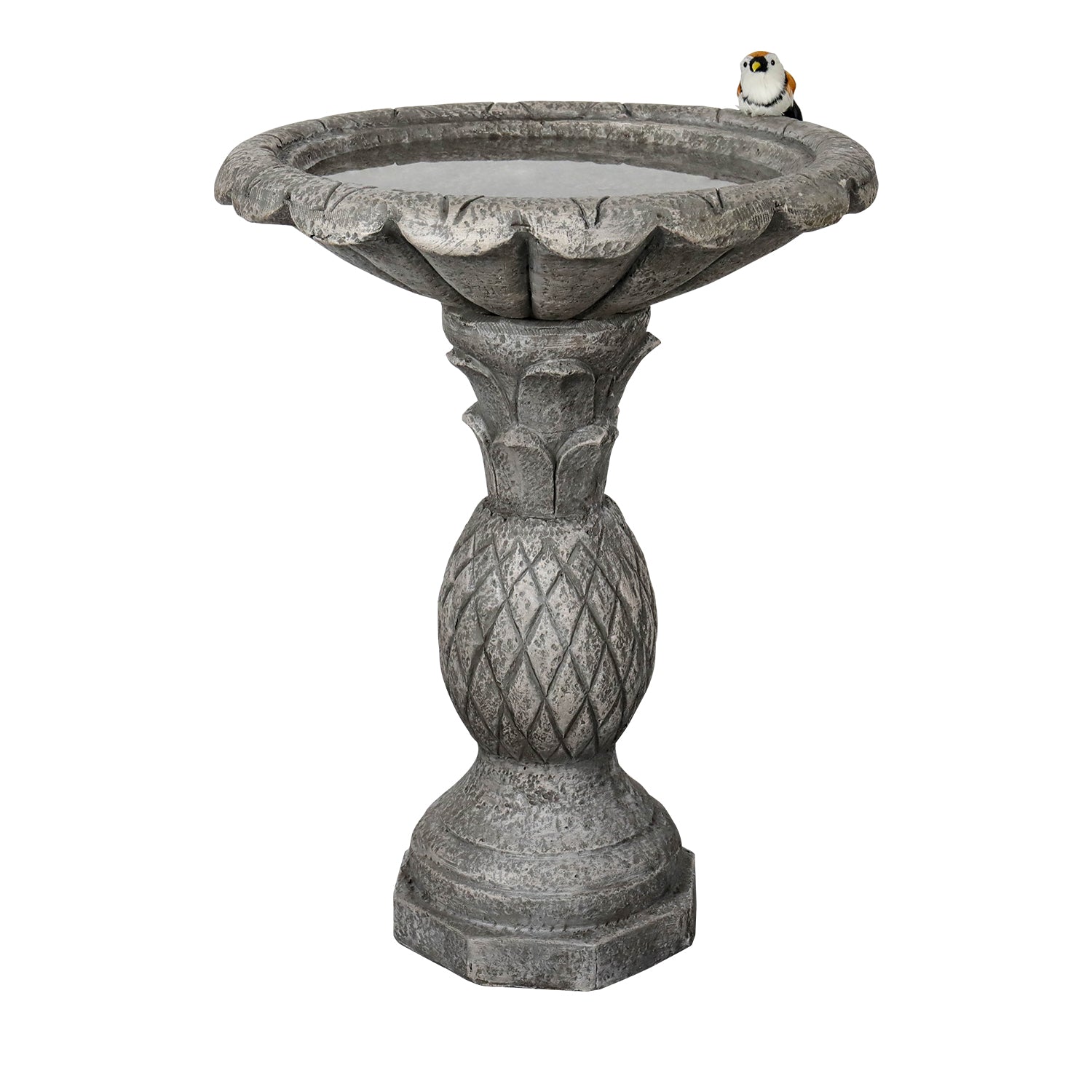 Front view of the elegant 24.8"H vintage concrete bird bath with pineapple texture on white.