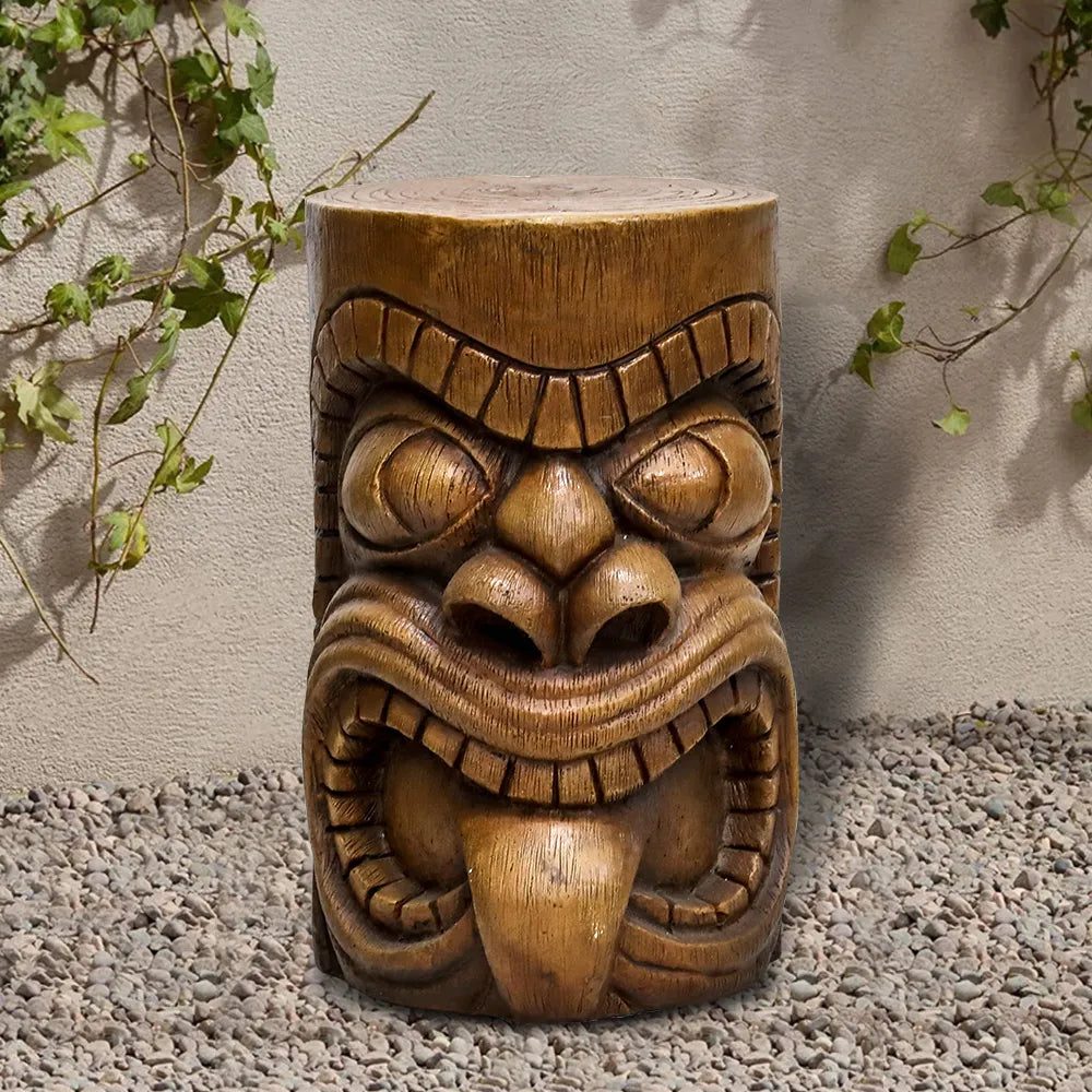 Functional concrete Tiki stool used as a patio side table for drinks