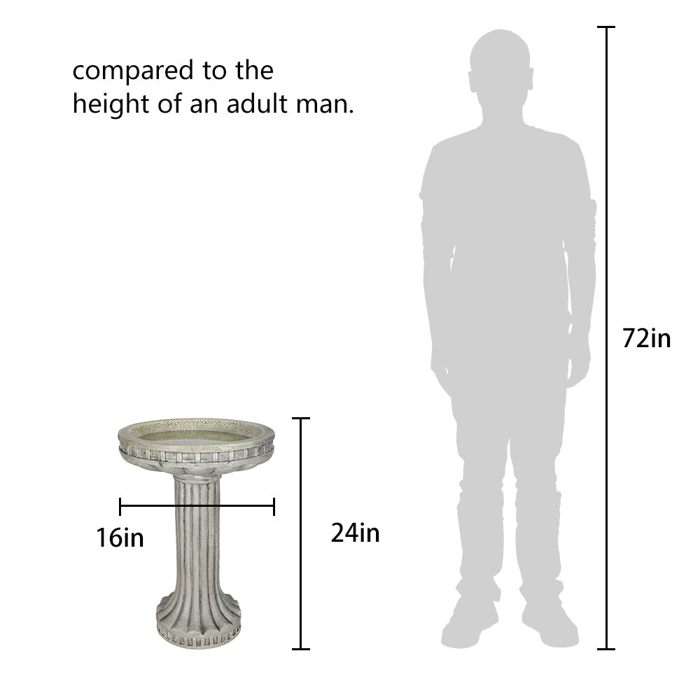 Concrete Pedestal Bird Bath Roman Fluted 24 Inch dimensions and size
