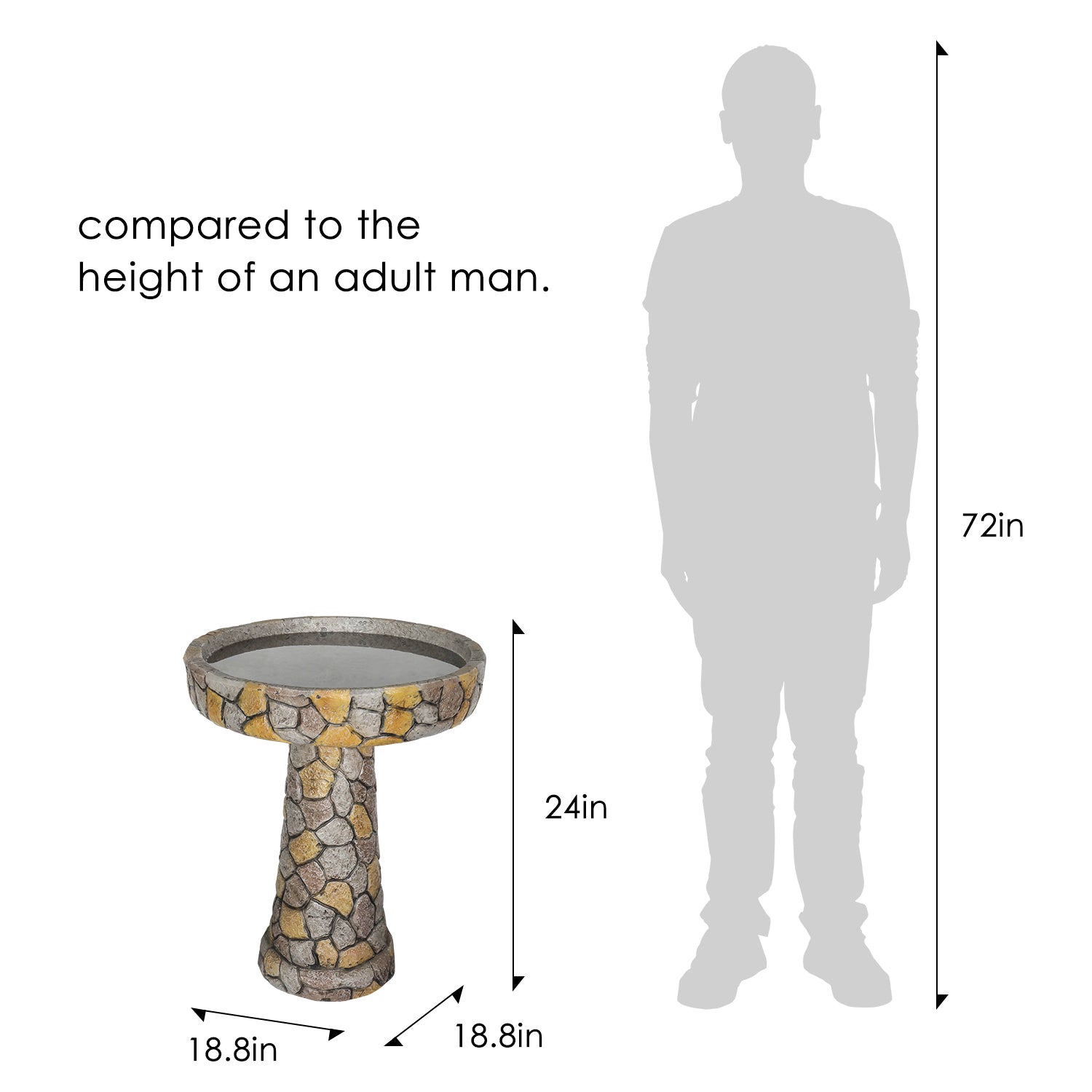 Height comparison of the 24" tall mosaic stone pedestal birdbath