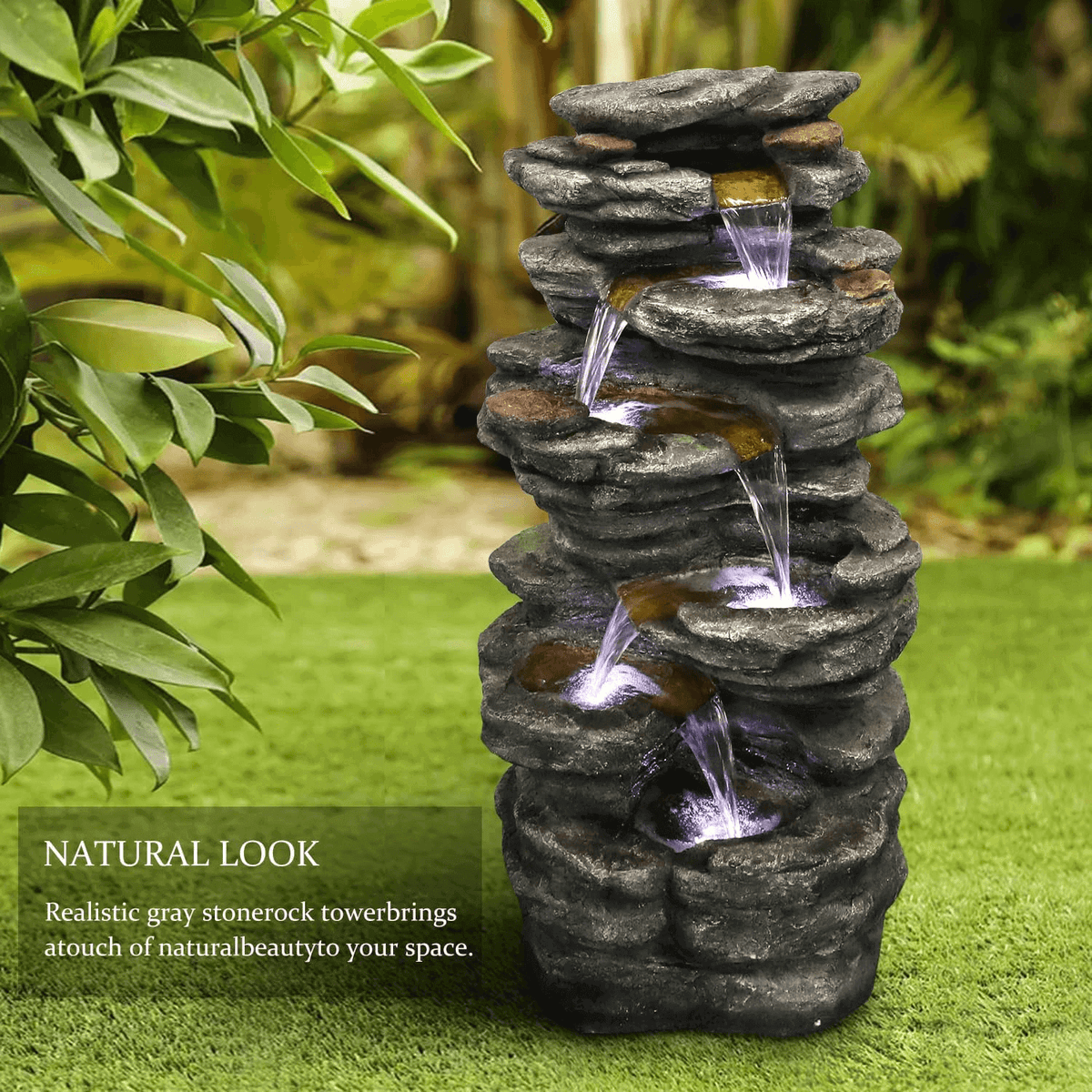 Resin Flagstone Outdoor Water Fountain with Moss 40 in LED lit at night