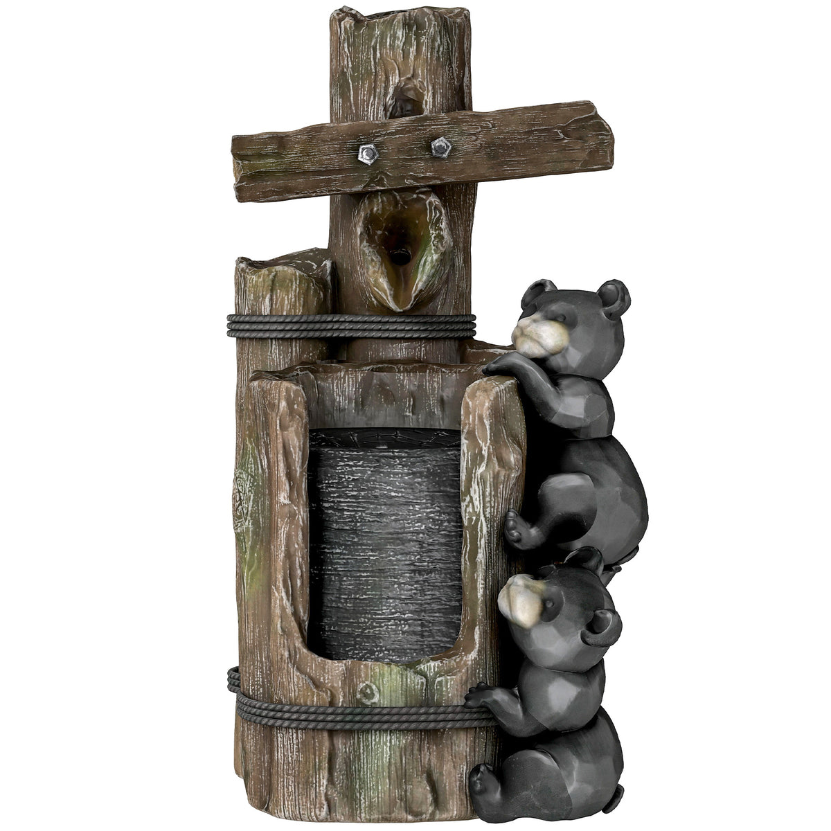 Resin Bear Fountain Two Cubs on Timber Post dimensions and size
