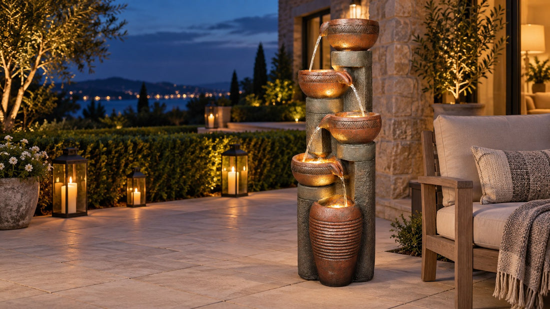 Copper bowl urn fountain lit at dusk on a stone terrace with lanterns behind