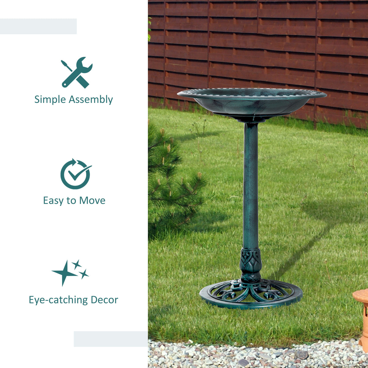 Green verdigris pedestal bird bath showing its simple assembly and lightweight resin design