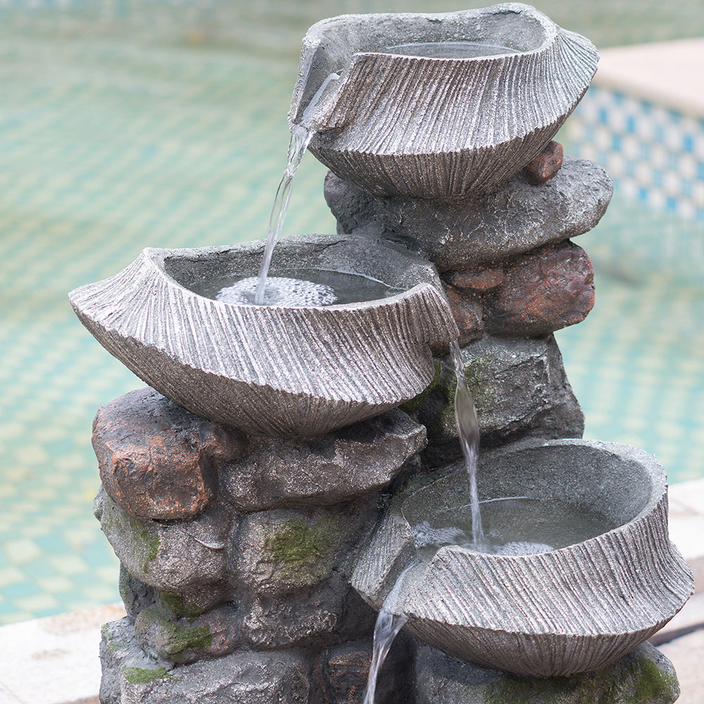 Resin Fluted Basin Tiered Outdoor Water Fountain 650 GPH LED lit at night