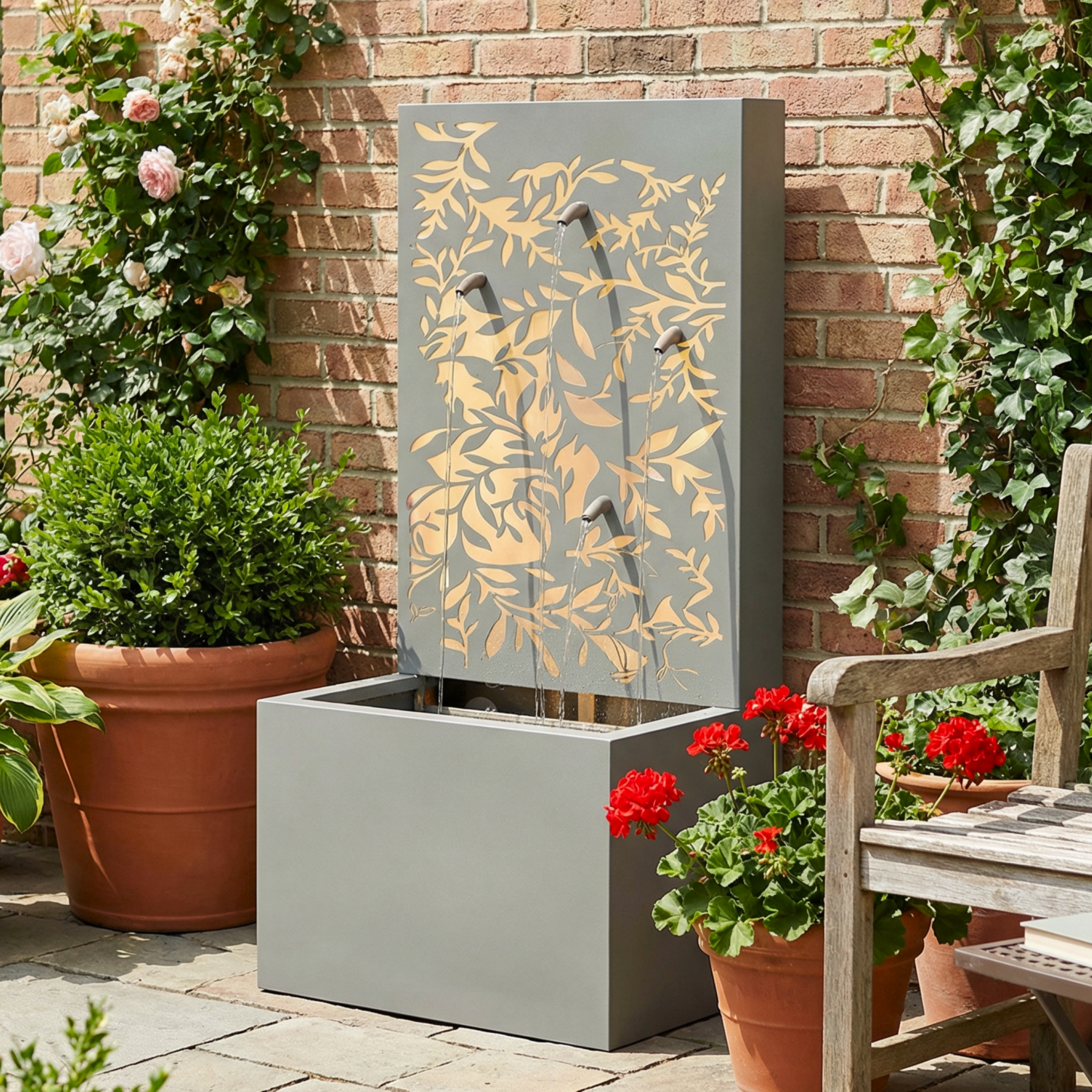 Metal Wall Fountain Outdoor Cut Leaf Panel Backlit LED lit at night