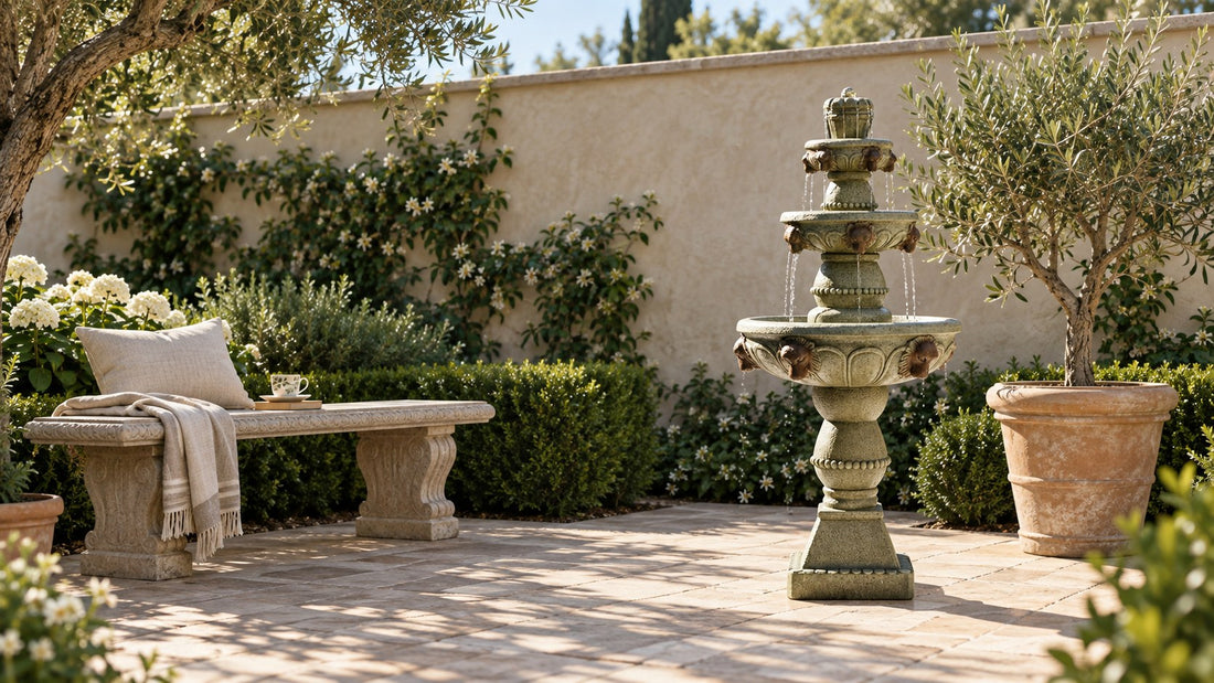 Lion head tiered fountain running in a sunny walled courtyard across from a stone bench
