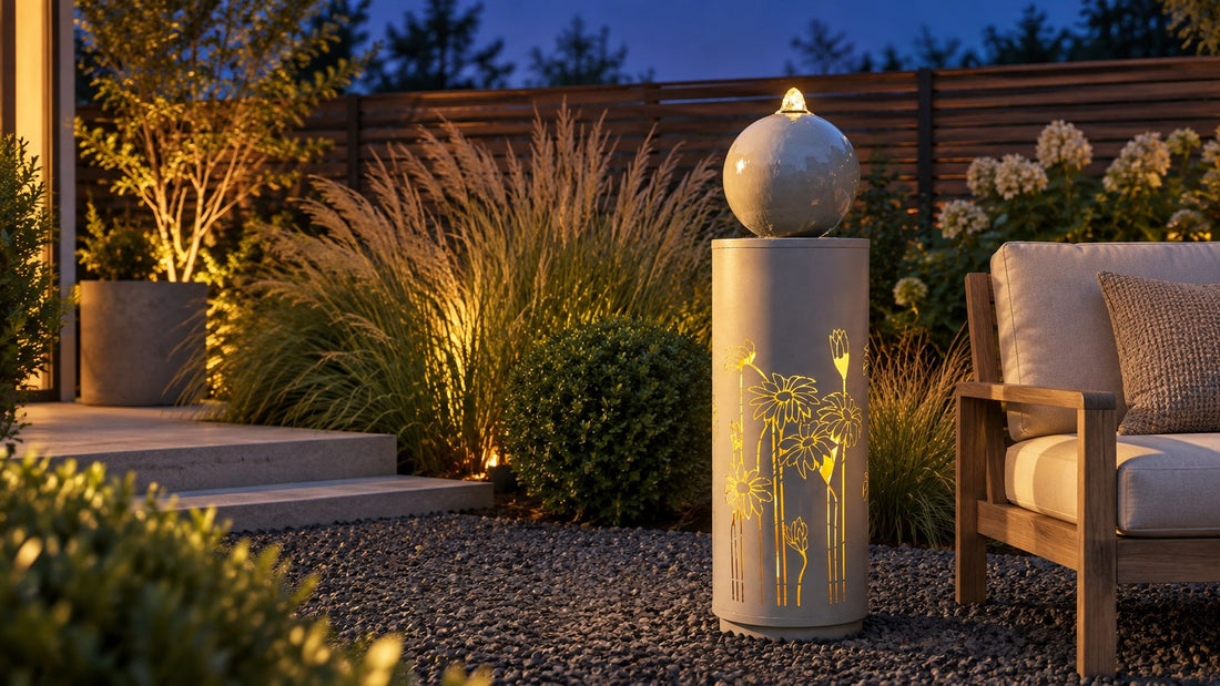 Metal sphere fountain with glowing floral cutouts in a gravel garden beside a lounge chair at dusk