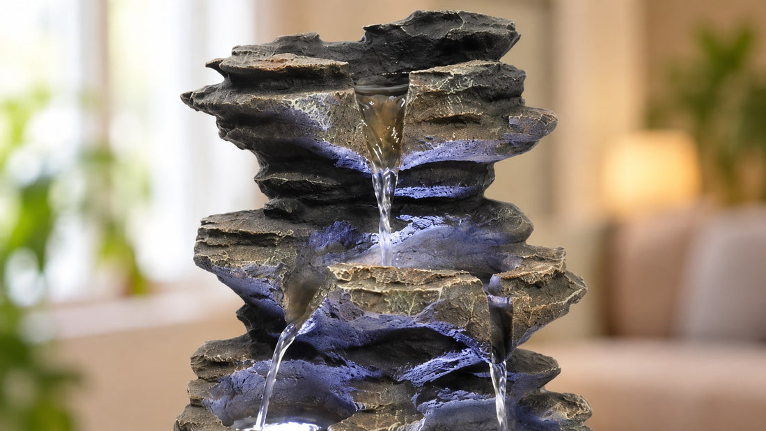 Close view of water running over the carved surface of a resin rock fountain