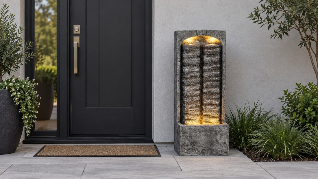 Slate water wall fountain with a lit arched cap standing beside a black front door