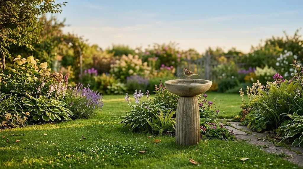 Classic stone pedestal bird bath as garden centerpiece surrounded by lush plants and flowers in a sunny backyard
