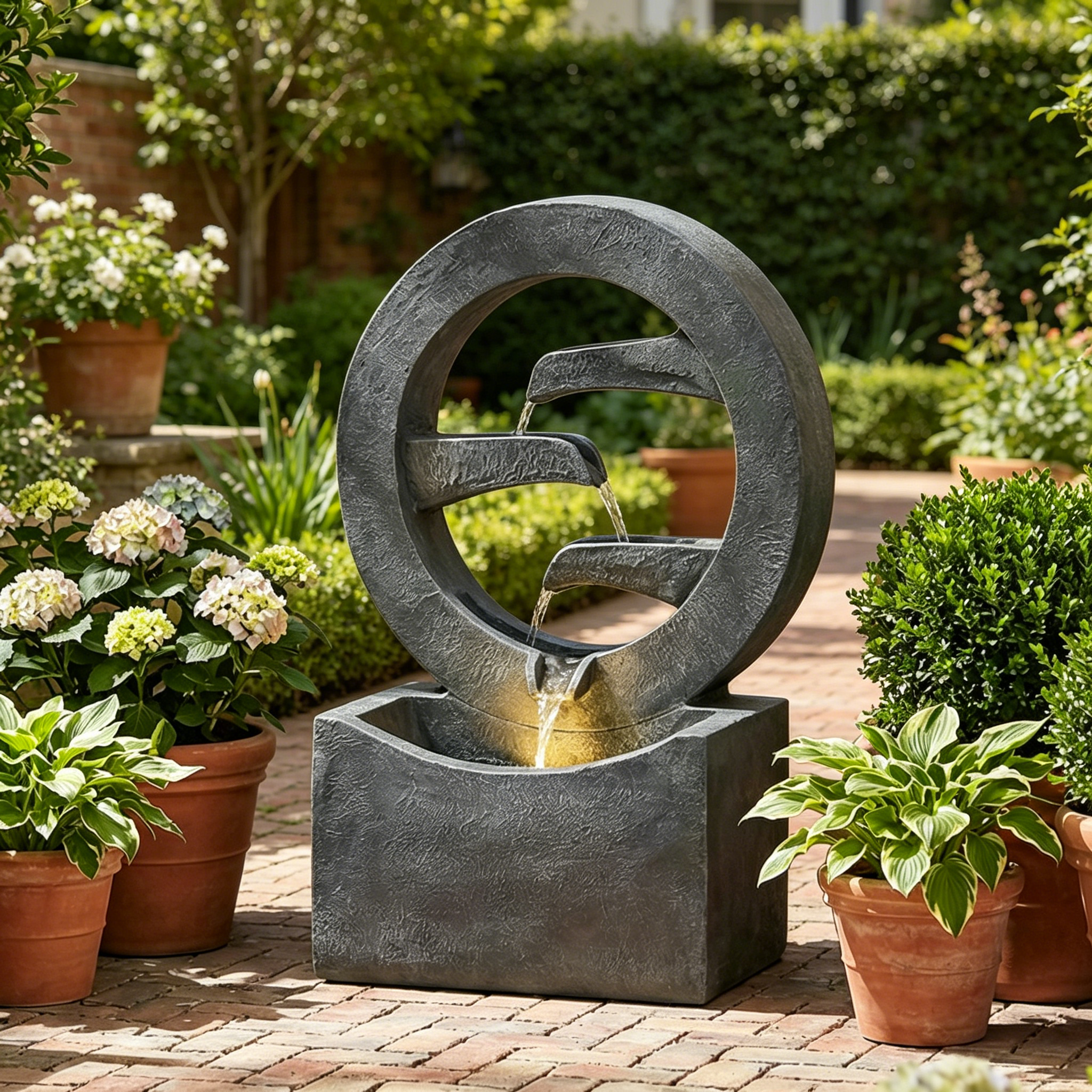 Resin Zen Ring Outdoor Water Fountain with Warm in garden setting
