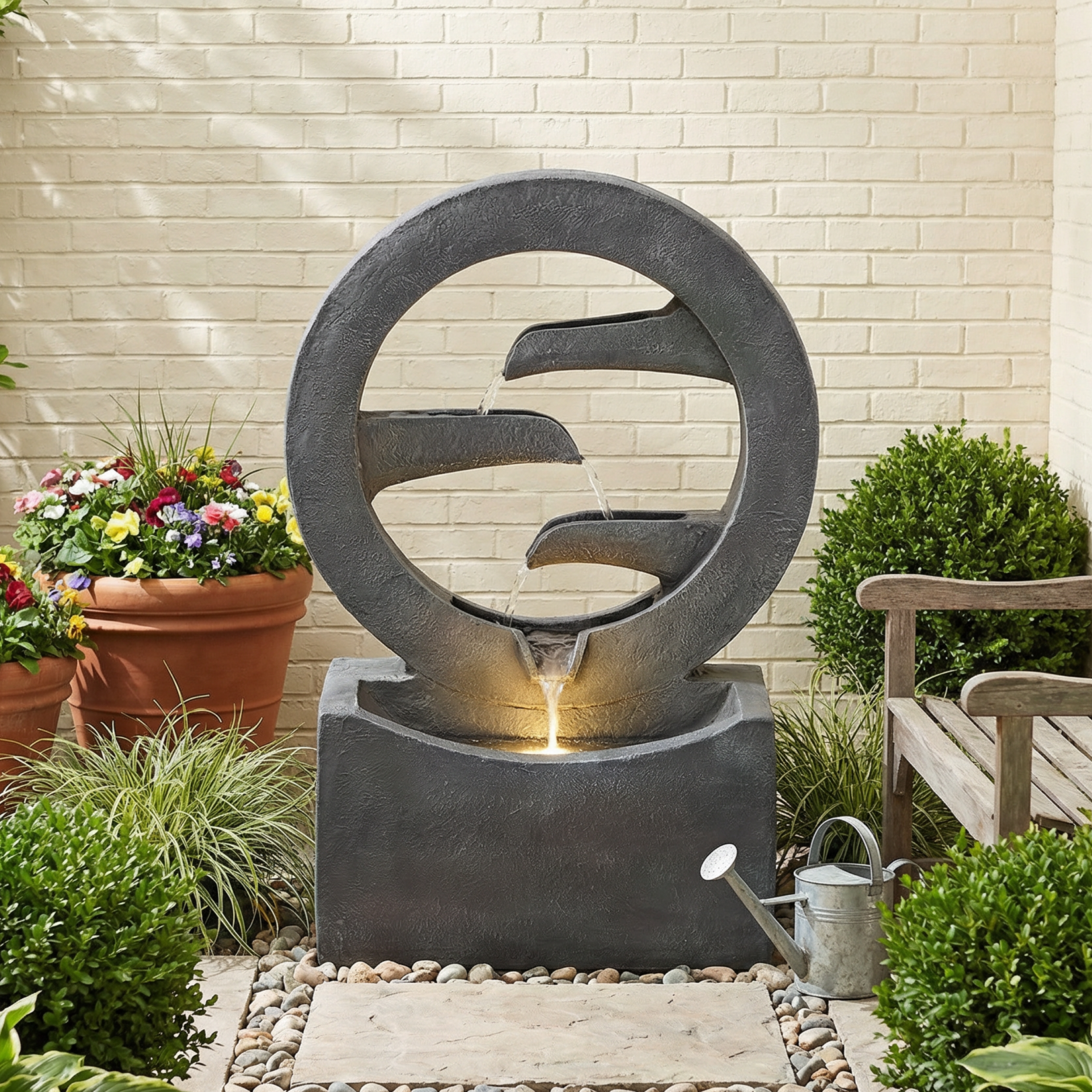 Resin Zen Ring Outdoor Water Fountain with Warm LED lit at night