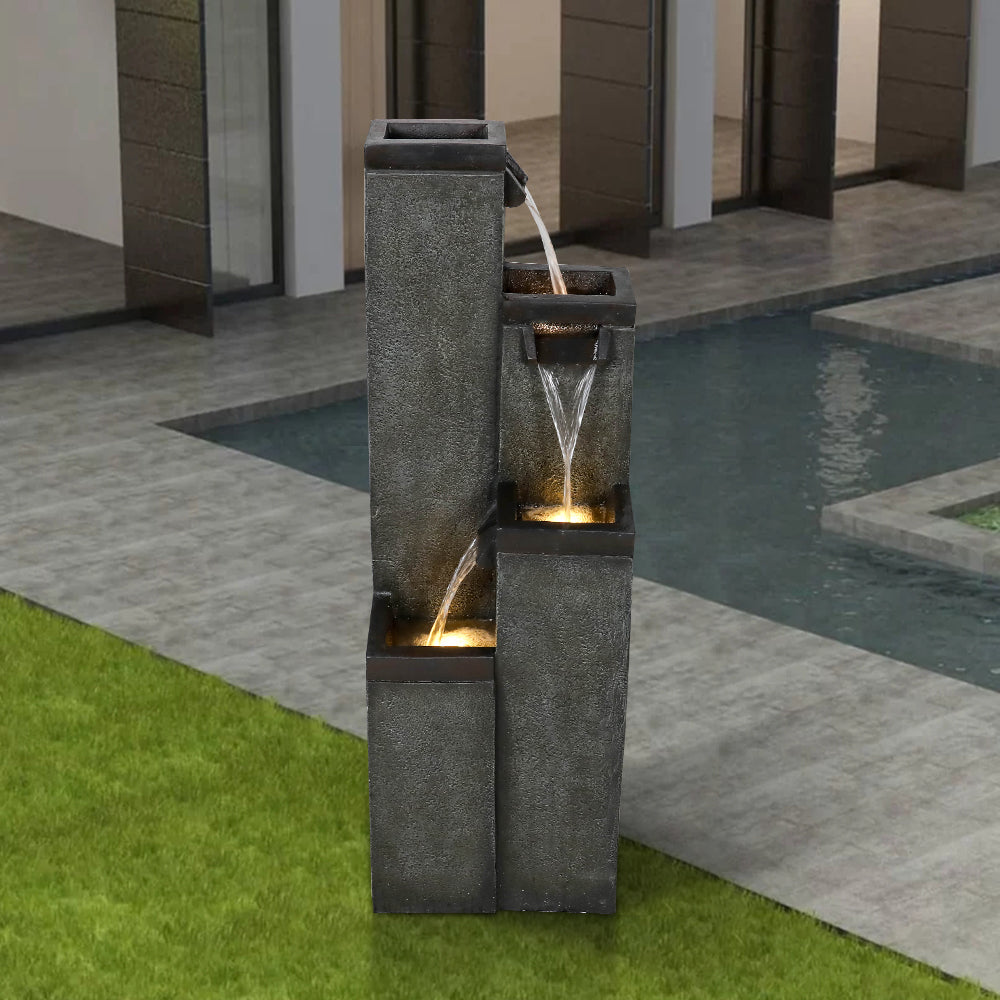 Resin Modern Outdoor Fountains 4 Pillar 39 Inch LED lit at night