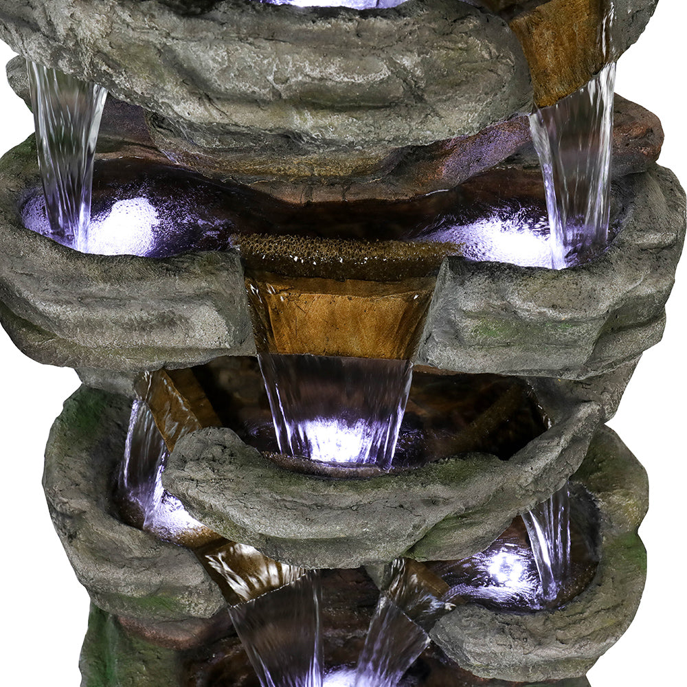 Resin Stepped Shale Outdoor Rock Fountain with Warm close up of water flow