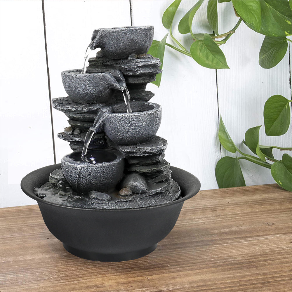 Resin Mini Slate Bowl Tabletop Water Fountain 10 Inch LED lit at night