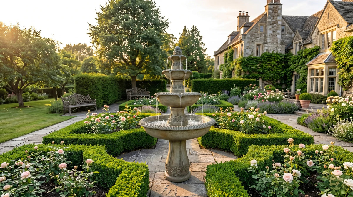 3 tier classic concrete pedestal water fountain formal garden centerpiece golden hour