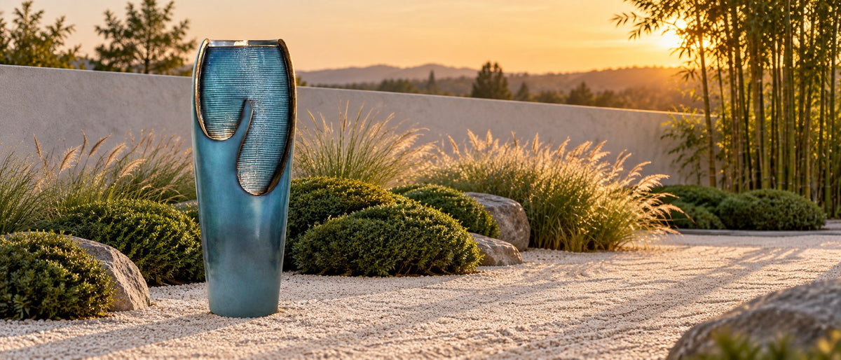 Turquoise jar fountain with a sculpted front opening in a gravel garden at sunset