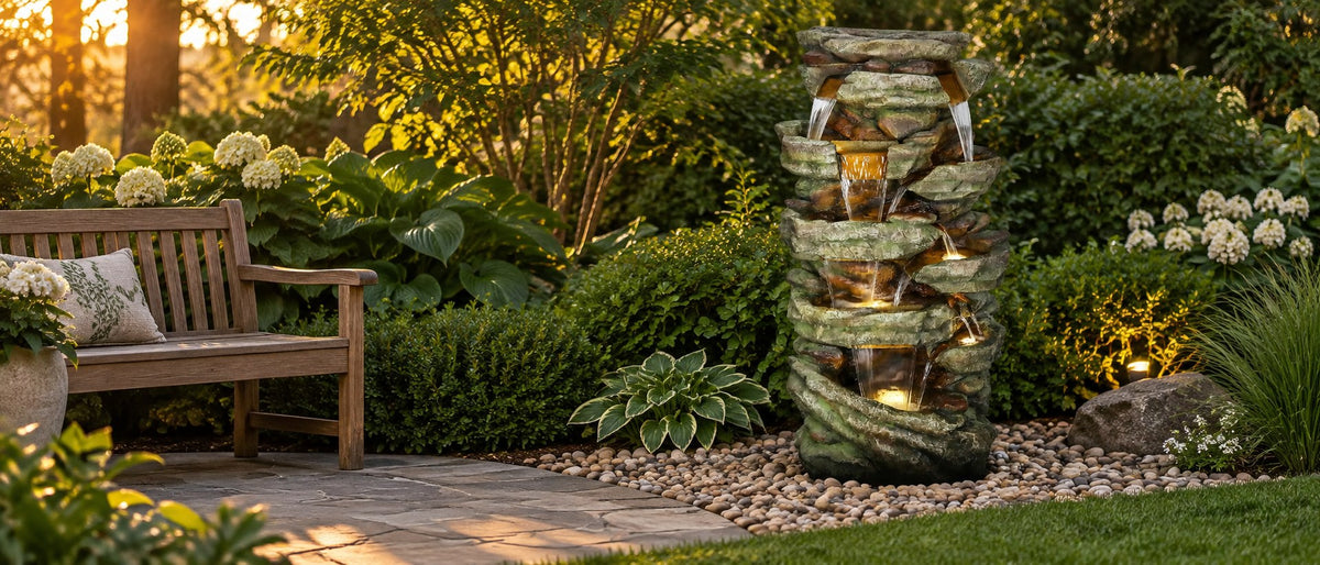 Stacked stone resin waterfall fountain with lighting beside a garden bench