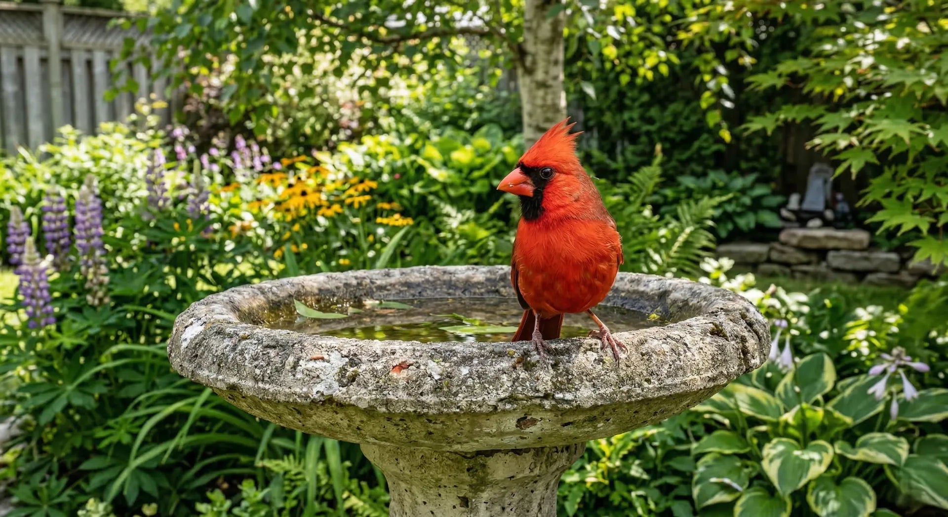 A Northern Cardinal perched on the textured rim of a concrete pedestal bird bath, scanning the garden.