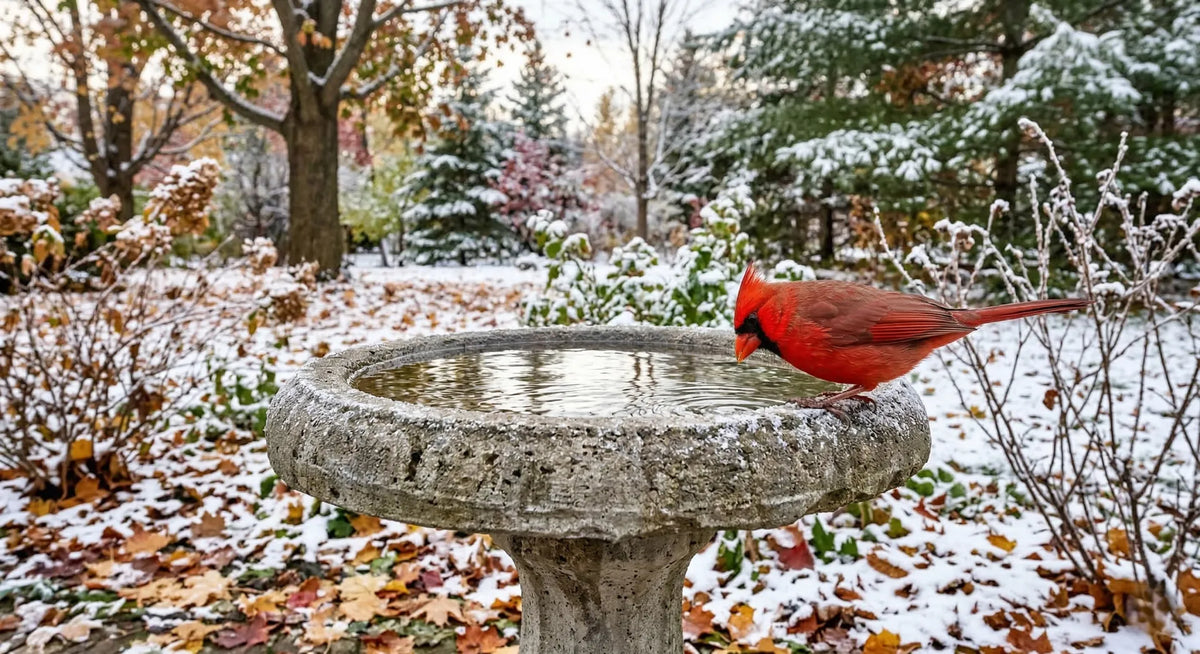 A Northern Cardinal visiting a sturdy concrete bird bath during a change of seasons.