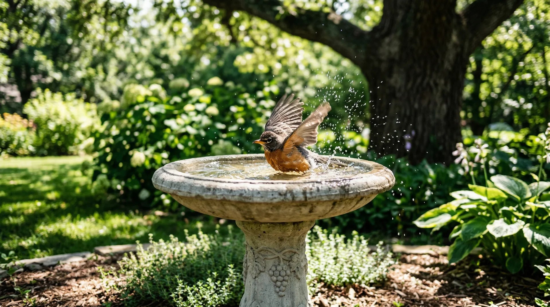A beautiful songbird splashing safely in a backyard bird bath with dappled shade
