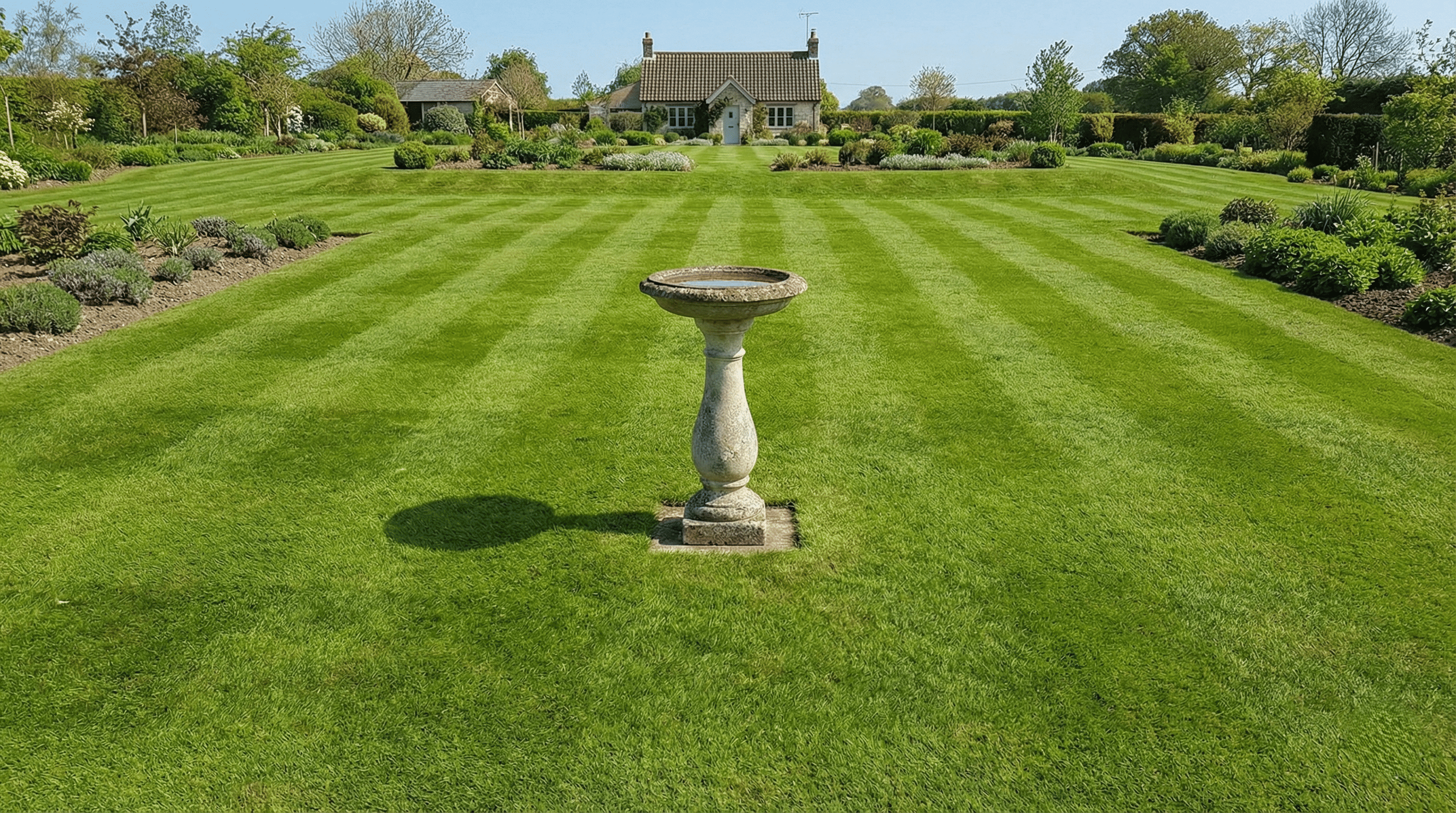A bird bath placed in a clear, open, mowed lawn area with no hiding spots for snakes.